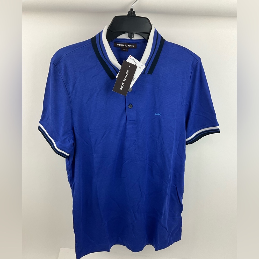 Michael Kors Men's Signature Tide Blue White Short Sleeve Polo Shirt